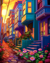 A painting of a colorful building with a sunflower generated ai