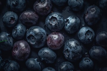  a close up of a bunch of blueberries with water droplets on them and a green stem sticking out of the middle of the photo.  generative ai