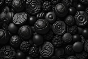  a bunch of black balls with a spiral design on them and some raspberries in the middle of the photo, all of which are black.  generative ai