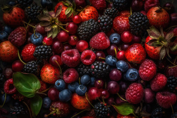 Obraz na płótnie Canvas a pile of berries and raspberries with leaves on top of them and a blueberry and raspberry on the bottom of the berries. generative ai