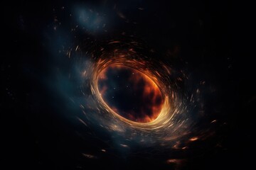  a black hole in the sky with a star in it's center and a black hole in the middle of the space with a bright orange light.  generative ai