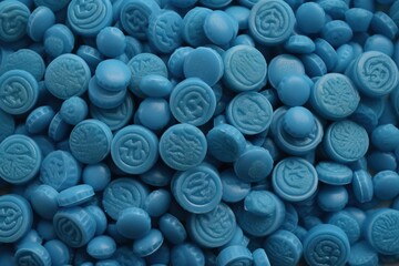 a pile of blue candy candies with a design on the top of them, all in different shapes and sizes, are shown in close up close up close up.  generative ai