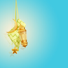 3D Render Islamic Ramadan And Eid With Golden Lantern And Ketupat Background