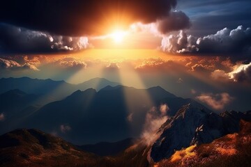  the sun is shining through the clouds over the mountains in the distance is a mountain range with a mountain range in the foreground and a few clouds in the foreground.  generative ai