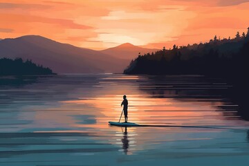  a person standing on a paddle board in the water at sunset with a mountain range in the background and a lake in the foreground.  generative ai