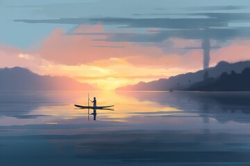  a person in a boat on a body of water with a sunset in the background and smoke stacks in the sky behind them and a person standing on the boat.  generative ai