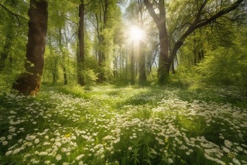  the sun shines through the trees in the forest with white flowers in the foreground and green grass on the ground in the foreground.  generative ai