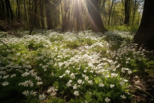  the sun shines through the trees in a forest filled with white flowers and green grass with white daisies in the foreground, and trees in the background.  generative ai