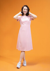 Photo of young Asian woman on background