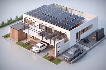  a house with a car parked in front of it and a solar panel on the roof of the house that is connected to the garage.  generative ai
