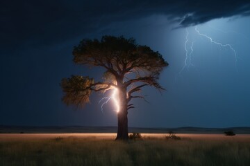  a lightning bolt hitting a tree in a field with a dark sky in the background and a lightning bolt in the middle of the tree.  generative ai