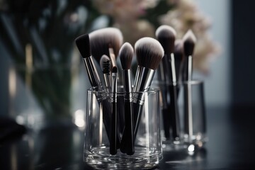  a close up of a bunch of makeup brushes in a cup on a table next to a vase with flowers in the back of it.  generative ai - obrazy, fototapety, plakaty