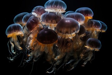  a group of jellyfish swimming in the ocean together on a black background with a black background behind them and a black background with a white border.  generative ai