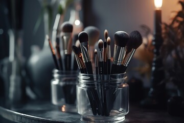  a jar filled with lots of makeup brushes on top of a table next to a candle and a vase with flowers in it on a table.  generative ai