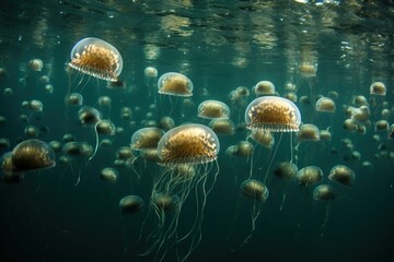  a group of jellyfish swimming in the ocean water with their heads above the water's surface and their heads above the water's surface.  generative ai