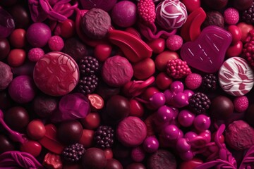  a mixture of candy and candies are shown in this image with a red and purple background and a red and white heart shaped candy.  generative ai