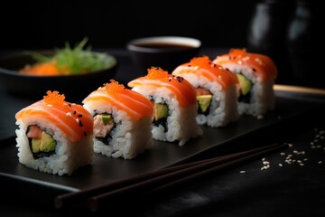  a black plate topped with sushi and chopsticks next to a bowl of sauce and a cup of sauce on the side of the plate.  generative ai
