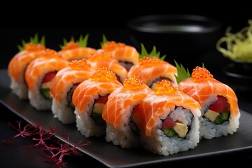  a plate of sushi with various toppings and a bowl of sauce on the side of the plate in the background, on a black surface.  generative ai