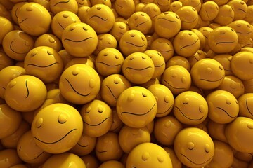  a large group of yellow smiley faces with a smile drawn on the faces of each face, all of which have been drawn on by a single line.  generative ai