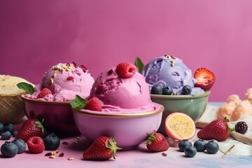  a table topped with bowls of ice cream next to a bowl of fruit and a muffin on a plate next to a bowl of muffins.  generative ai