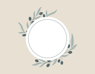 Round vector isolated sticker or label with decorative frame of olive branches with black berries and leaves in flat style.