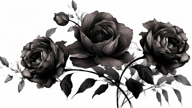 a black and white photo of three roses on a branch.  generative ai
