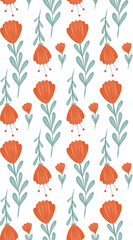 Vector seamless pattern with simple orange folk art flowers and stems on a white background. Floral rustic texture