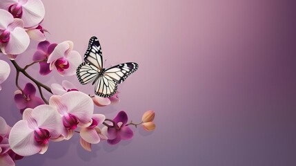  a butterfly flying over a branch of orchids on a purple background.  generative ai