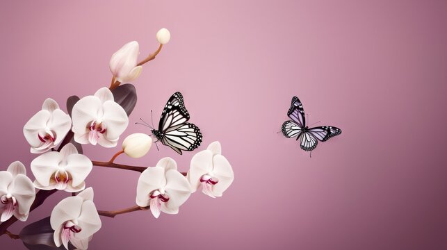  two butterflies flying over a branch with white flowers on it.  generative ai