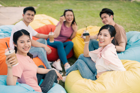 Group Asian people picnic outside