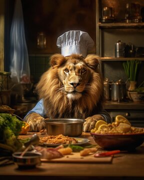 Lion Cooking Food Wearing Chef Hat Chefs Sitting Table Animals Portrait Strong Ferocious Old Kitchen Playful Creativity Baking Sharp Paws, Generative Ai