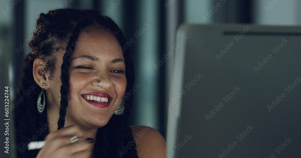 Poster laugh, night and computer with business woman in office for networking, planning or web design. happ
