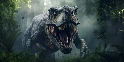 Fototapeta premium The ferocious dinosaur Tyrannosaurus rex wanders through the lush and bright forest. Generative AI