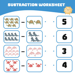 Mathematic counting worksheet. Math activity, count and match the answer. Educational printable math worksheet for children. Vector File.
