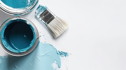  a blue paint can and a white paint can with a brush.  generative ai
