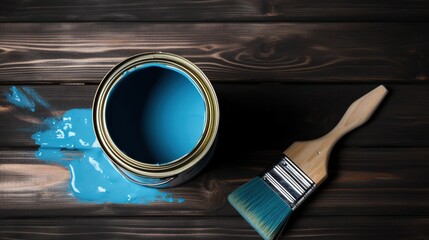  a paint can and a brush on a wooden table with blue paint.  generative ai