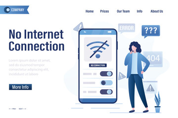 No internet connection, landing page template. wifi unavailable, user has no internet. Woman using smartphone offline and confused because there no wifi signal. Problems with router or network. - obrazy, fototapety, plakaty