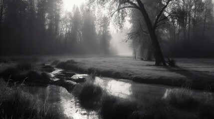 Fototapeta na wymiar a black and white photo of a stream in the woods. generative ai
