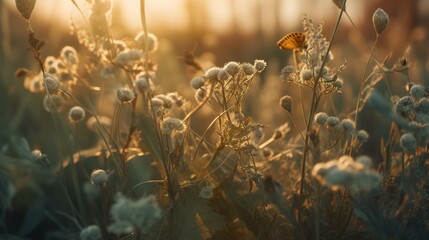  a yellow butterfly sitting on a flower in a field of grass.  generative ai