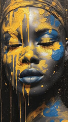 Woman with blue and yellow paint splattering