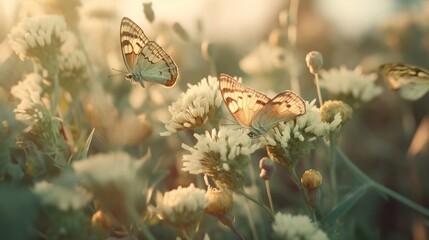  a couple of butterflies flying over a bunch of flowers in a field.  generative ai