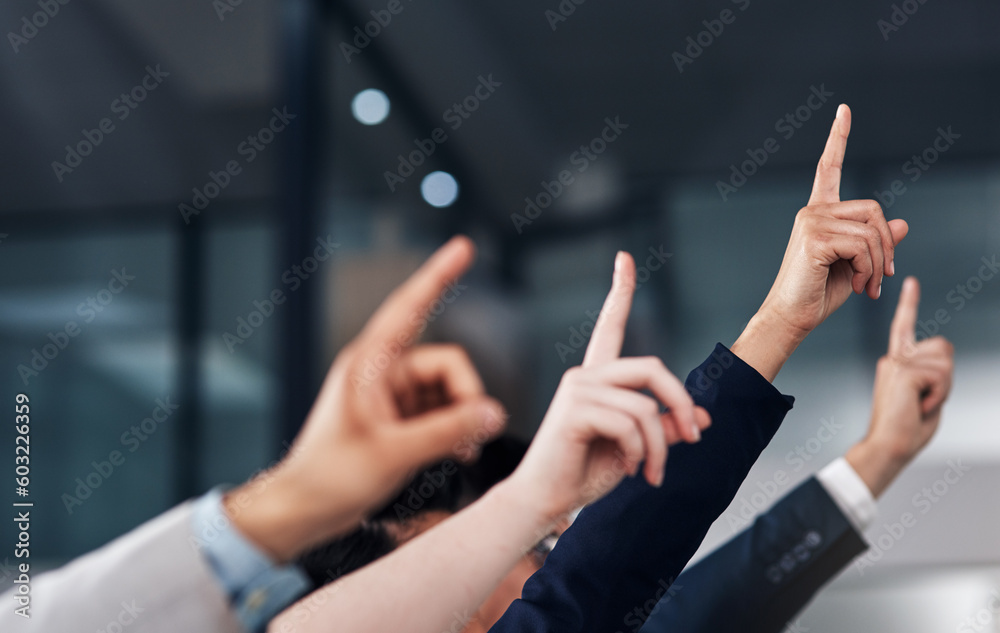 Aufkleber question, ask and hands of business people in meeting for feedback in presentation, workshop and tra