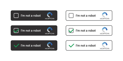 Various captcha icons. I am not a robot. Computer security code. Set of confirmed recaptcha. Im not robot button. Internet safety. Design template for website or application.