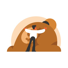Vector illustration of a man hugging a big brown bear. Flat design.