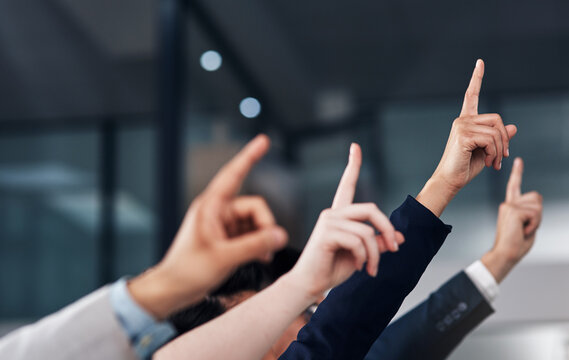 Question, Ask And Hands Of Business People In Meeting For Feedback In Presentation, Workshop And Training. Corporate Office, Audience And Workers Raising Hand For Seminar, Tradeshow And Conference