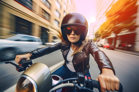Beautiful serious girl in red glasses in a helmet rides a rock stile retro motorcycle around the city motion high speed. Generative AI.