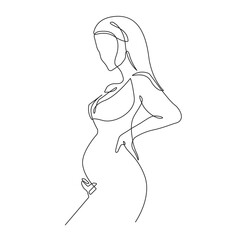 Pregnant Woman Continuous Line Drawing. Pregnancy Concept Modern Trendy Linear Style. Pregnant Female Silhouette Abstract Simple Illustration. Happy Woman Minimalist Beauty Drawing. Vector EPS 10