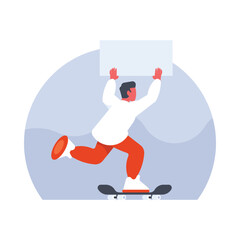 Skateboarder with a banner. Vector illustration in flat style.