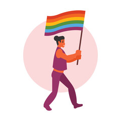 Vector illustration of a man holding a rainbow flag in his hand.