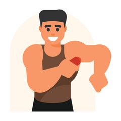 Fitness man showing his arm muscles. Vector illustration in flat style